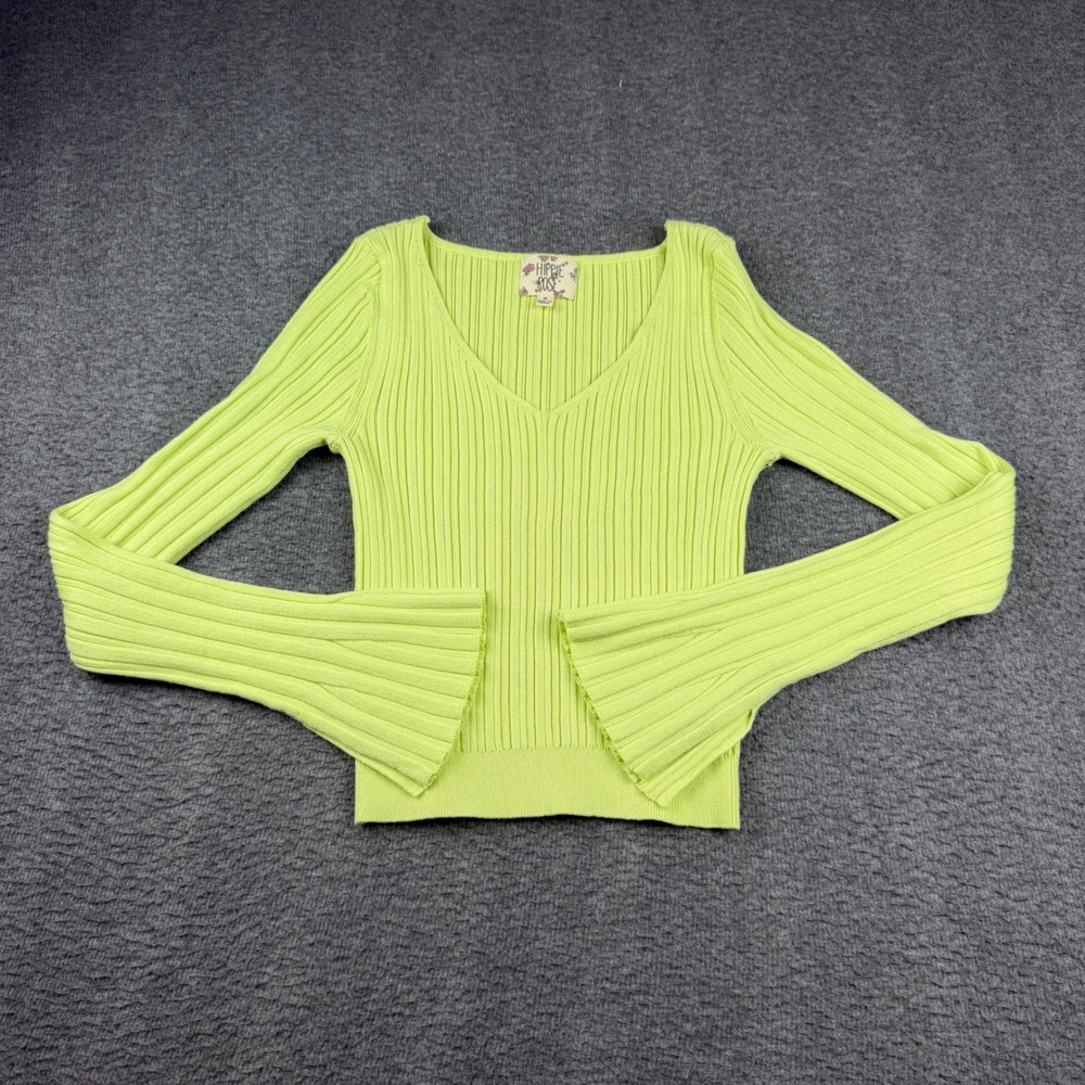 Hippie Rose Ribbed Knit Top Women's Small Lime Green V-Neck Bell Sleeve 3S26497